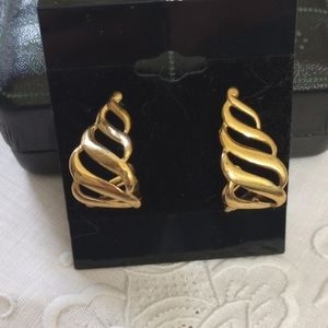 Vintage signed Napier gold tone swirl scroll semi hoop post earrings